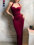 Women's Sexy Halter Backless Velvet Maxi Dress Elegant Ruched Bodycon Evening Party Gown With Bow Tie High Waist Sleeveless Long Dress