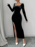 Women's Elegant Velvet Long Sleeve Maxi Dress Square Neck High Slit Bodycon Dress For Party Evening Clubwear Sexy Lady Slim Fit Gowns