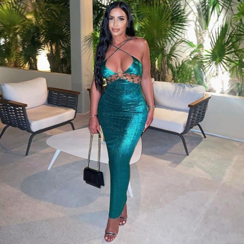 Sexy Metallic Hollow Out Halter Maxi Dress Women Backless Slim Fit Bodycon Evening Party Night Club Long Dress With Metal Rings