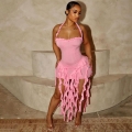 Women Sexy Halter Ruffle Bodycon Dress Backless Irregular Hem Polyester Spandex Sleeveless Slim Fit Mini Dress for Party Club Night Out