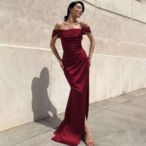 Women Sexy Satin Maxi Dress Backless Lace-up Off Shoulder Ruched High Slit Elegant Party Evening Gown Floor Length Bodycon Summer Solid Color Dress