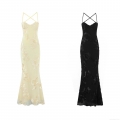Women's Sexy 3D Floral Applique Maxi Dress Cross Strap Backless Fish Tail Evening Gown Elegant Bodycon Lace Embroidery Party Dress