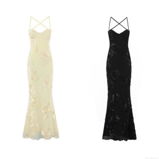 Women's Sexy 3D Floral Applique Maxi Dress Cross Strap Backless Fish Tail Evening Gown Elegant Bodycon Lace Embroidery Party Dress