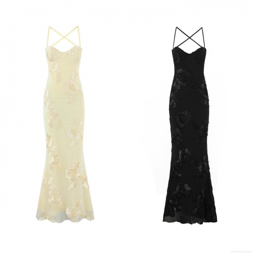 Women's Sexy 3D Floral Applique Maxi Dress Cross Strap Backless Fish Tail Evening Gown Elegant Bodycon Lace Embroidery Party Dress