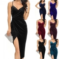 Women's Sexy Spaghetti Strap V Neck Velvet Dress Ruched High Slit Bodycon Glitter Evening Party Club Midi Dress