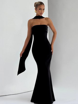 Women's Elegant Strapless Mermaid Maxi Dress Polyester Spandex Slim Fit Bodycon Evening Gown French Style Party Wedding Guest Dress With Matching Choker