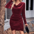 Elegant Sparkly Glitter Velvet Cowl Neck Long Sleeve Bodycon Ruched Mini Dress For Women Evening Party Cocktail Clubwear Irregular Hem