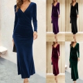 Elegant V-Neck Long Sleeve Mermaid Evening Dress Women Velvet Ruched Bodycon Maxi Dress For Wedding Party Formal Event Solid Color Chic Robe