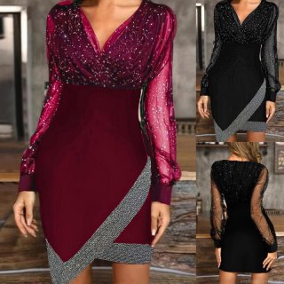 Women's Sexy V-Neck Long Sleeve Sequin Mesh Patchwork Bodycon Mini Dress Elegant Evening Party Club Cocktail Dress With Asymmetric Hem