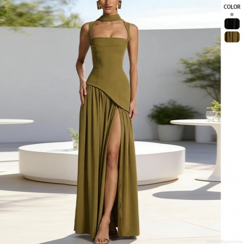 Women's Sexy Backless Halter Neck Maxi Dress Elegant Split Hem Bodycon Satin Evening Gown with Matching Neck Scarf Party Long Dress