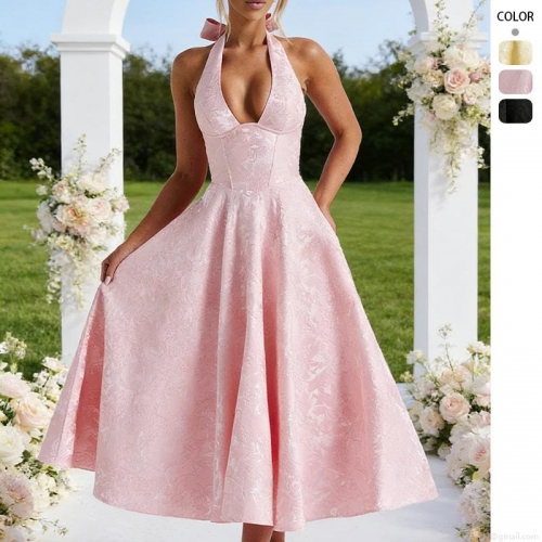 Elegant French Style Women's Jacquard Halter Midi Dress Deep V-Neck Backless Lace-up Large Swing A-Line Evening Party Wedding Vacation Dress