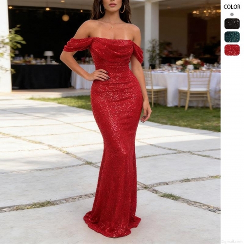 Women's Sexy Off-Shoulder Sequin Maxi Dress Elegant Mermaid Bodycon Evening Party Dress With High Slit For Banquet Wedding Occasion Sequin Polyester