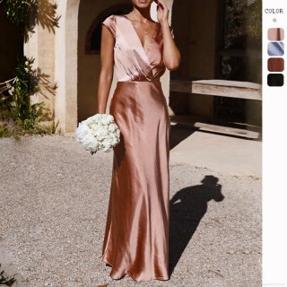 Women Sexy Satin V Neck Fishtail Dress Elegant Solid Color Maxi Evening Party Gown Cap Sleeve High Waist Summer Vacation Prom Dress