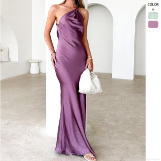 Sexy Women Satin Single Shoulder Maxi Dress Backless Slim Fit Evening Party Long Dress Elegant Prom Gown Solid Color Polyester Wedding Guest Outfits