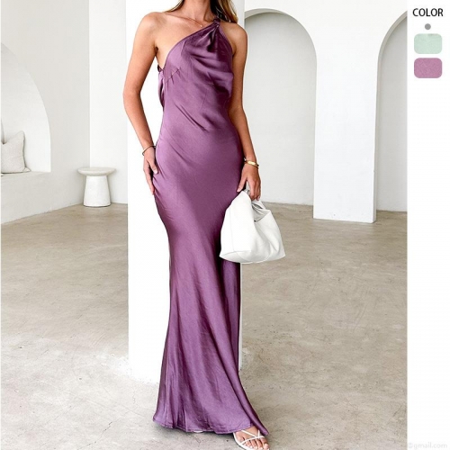 Sexy Women Satin Single Shoulder Maxi Dress Backless Slim Fit Evening Party Long Dress Elegant Prom Gown Solid Color Polyester Wedding Guest Outfits