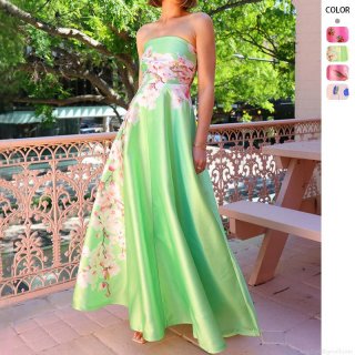 Sexy Bandeau Satin Floral Print Maxi Dress High Waist Patchwork Evening Gown For Women Summer Party Vacation Clubwear Sleeveless Dress