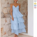 Women Sexy Backless Tiered Maxi Dress V-Neck Spaghetti Straps Ruffle Cake Skirt High Waist Polyester Chiffon Evening Party Summer Vacation Resort Gown