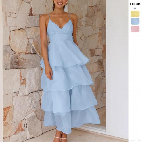 Women Sexy Backless Tiered Maxi Dress V-Neck Spaghetti Straps Ruffle Cake Skirt High Waist Polyester Chiffon Evening Party Summer Vacation Resort Gown