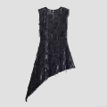 Women's Sexy Black Sequin Fringe Asymmetric Dress Sleeveless Round Neck Party Evening Bodycon Midi Dress Sparkly Clubwear Banquet Gown