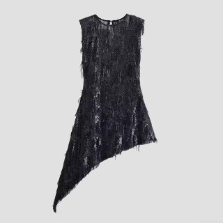 Women's Sexy Black Sequin Fringe Asymmetric Dress Sleeveless Round Neck Party Evening Bodycon Midi Dress Sparkly Clubwear Banquet Gown