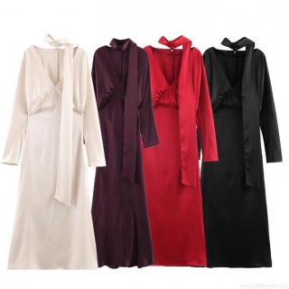 Women's Elegant Satin Silk Long Sleeve Maxi Dress With Scarf Tie Neck Deep V-Neck Slim Fit Bodycon Party Evening Dress Luxury Solid Color Silky Gown For Event Wedding Night