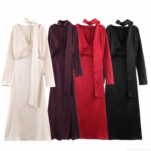 Women's Elegant Satin Silk Long Sleeve Maxi Dress With Scarf Tie Neck Deep V-Neck Slim Fit Bodycon Party Evening Dress Luxury Solid Color Silky Gown For Event Wedding Night