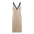 Women Sexy Champagne Gold Sequin Lace Patchwork Midi Dress Elegant Sleeveless V Neck Bodycon Evening Party Banquet Dress