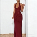 Women Sexy Halter V Neck Sequin Patchwork Maxi Dress Elegant Ruched Bodycon Evening Gown For Party Wedding Banquet Lady Clubwear