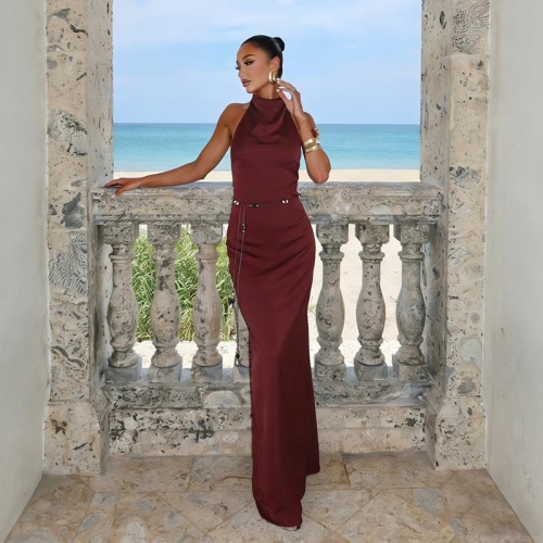 Women's Sexy Halter Backless Satin Maxi Dress Slim Fit Solid Wine Red Evening Party Wedding Banquet Prom Dress Long Floor Length Gown Polyester Spandex