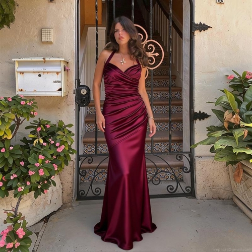 Elegant Burgundy Satin Halter Neck Evening Gown Women Sexy Ruched Backless Fishtail Maxi Dress For Wedding Banquet Party Prom Event Formal Occasion