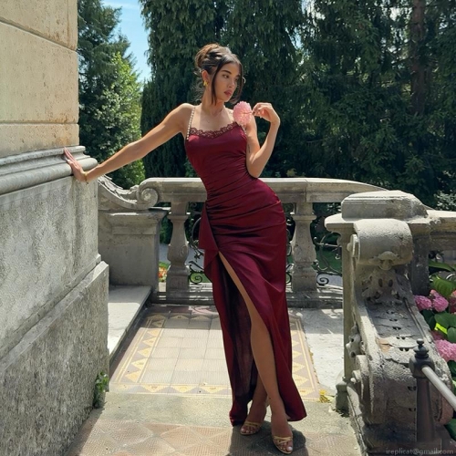 Women's Elegant Satin Evening Dress With Pearl Straps And Lace Trim Sexy Ruched High Slit Bodycon Maxi Party Dress For Wedding Prom