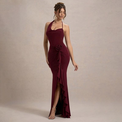 Elegant Women's Halter Cowl Neck Maxi Dress With 3D Flower Slit Ruffle Detail Backless Evening Party Gown For Socialite Wedding Sexy Lady