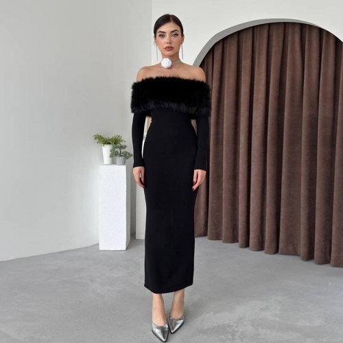 Elegant Off-Shoulder Faux Fur Collar Slim Long Dress Women Party Evening Polyester Spandex High Waist Hip-Hugging Bodycon Maxi Dress For Ladies