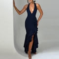 Women Halter Deep V Neck Sexy Bodycon Dress Elegant Ruffle Fishtail High Slit Backless Evening Party Maxi Dress High Waist Polyester Spandex Cocktail Gown
