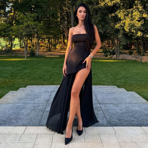 Elegant Strapless High Slit Bodycon Maxi Dress For Women Mesh Patchwork Sexy Backless Evening Party Prom Gown Socialite Style Chic Formal Dress