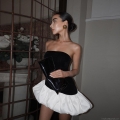 Women's Elegant Black and White Contrast Strapless Mini Dress Splicing Bubble Hem Evening Party Dress Bodycon High Waist Sleeveless Cocktail Dress