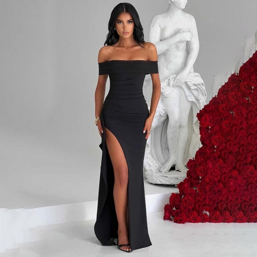Elegant Women's Off-The-Shoulder High Slit Evening Gown Slim Fit Ruched Bodycon Maxi Dress For Party Wedding Banquet Formal Occasion Sexy Clubwear