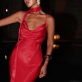 Sexy Backless Red Satin Cami Maxi Dress Elegant Ruched Bodycon Evening Party Gown With Streamer For Women Elegant Celebrity Style Polyester Spandex