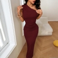 Women Sexy One Shoulder Ruched Maxi Dress Elegant Bodycon Evening Party Gown Sleeveless Solid Color Wedding Guest Dress For Women