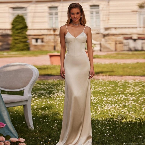 Elegant Satin V-Neck Slip Maxi Dress With High Slit Sexy Corset Backless Evening Gown For Women Wedding Party Summer Vacation