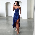 Women Sexy Backless Satin Cami Dress High Slit Ruffle Unbalanced Hem V Neck Sleeveless Evening Party Long Dress Summer Outfits Elegant Wedding Guest Dresses