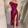 Women Sexy One Shoulder Satin Maxi Dress Sexy High Slit Ruched Bodycon Evening Party Gown Elegant Western Style Solid Color Floor Length Wedding Guest Dress For Women