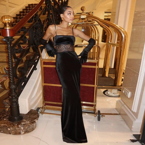 Women's Sexy Velvet Maxi Dress With Lace Patchwork Spaghetti Strap Backless Evening Party Gown With Long Gloves For Wedding Prom Ceremony