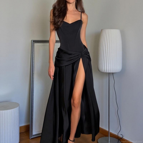 Sexy High Slit Satin Evening Gown For Women Ruched Spaghetti Strap Bodycon Maxi Dress For Wedding Party Prom Formal Occasion Elegant Long Dress