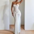 Sequined Polyester Spandex Corset Evening Gown Slim Fishtail Maxi Dress Off Shoulder Pleated Drape Women Gala Wedding Party Dress