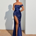 Sexy Women Satin Off Shoulder Evening Dress High Slit Ruched Slim Fit Maxi Gown For Party Wedding Formal Occasion Polyester Spandex