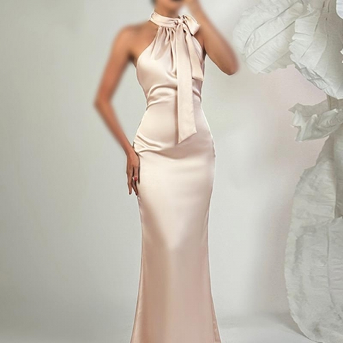 Women's Sexy Halter Neck Satin Evening Dress Backless Bow Tie Slim Fit Fishtail Maxi Gown Polyester Spandex For Wedding Banquet Party Apricot