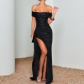 Elegant Women's Sequin Off Shoulder High Slit Maxi Dress Sexy Ruched Floor Length Evening Party Wedding Prom Gown Slim Fit Polyester Spandex