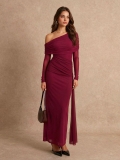 Women's Elegant Wine Red Evening Dress One Shoulder Mesh Long Sleeve Ruched Slim Fit Polyester Maxi Gown For Banquet Party Wedding Guest
