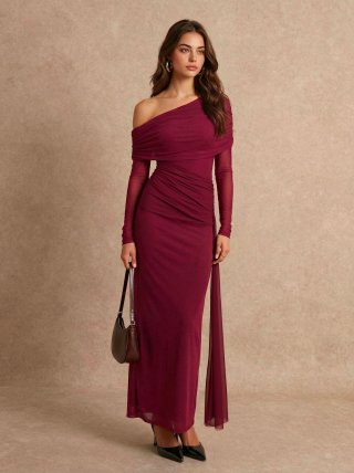 Women's Elegant Wine Red Evening Dress One Shoulder Mesh Long Sleeve Ruched Slim Fit Polyester Maxi Gown For Banquet Party Wedding Guest